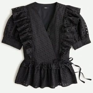 Black Eyelet Ruffle Wrap Top by J Crew